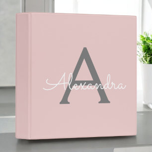 Blush Pink Grey Modern Script Girly Monogram Name 3 Ring Binder