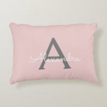 Blush Pink Grey Modern Script Girly Monogram Name Accent Pillow