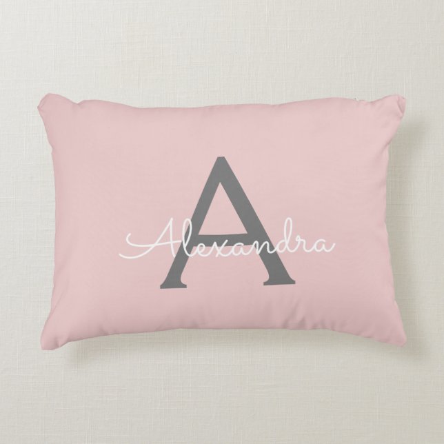 Blush Pink Grey Modern Script Girly Monogram Name Accent Pillow (Front)