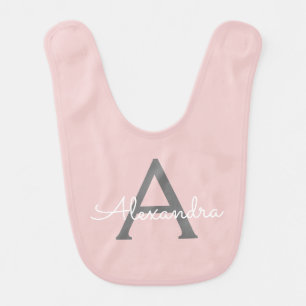 Blush Pink Grey Modern Script Girly Monogram Name Baby Bib