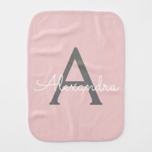 Blush Pink Grey Modern Script Girly Monogram Name Baby Burp Cloth