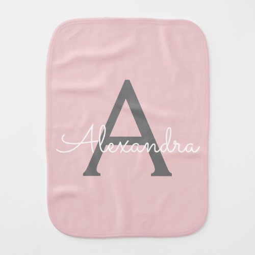 Blush Pink Grey Modern Script Girly Monogram Name Baby Burp Cloth