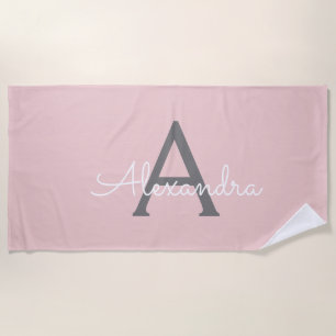 Blush Pink Grey Modern Script Girly Monogram Name Beach Towel