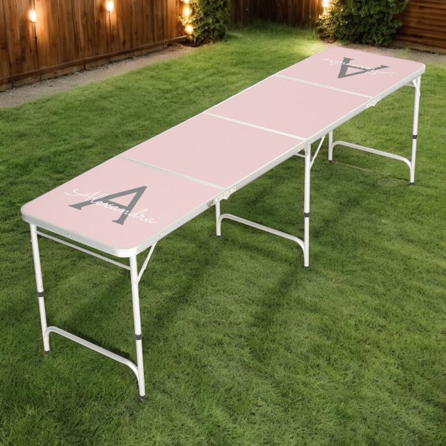 Blush Pink Grey Modern Script Girly Monogram Name Beer Pong Table (Creator Uploaded)