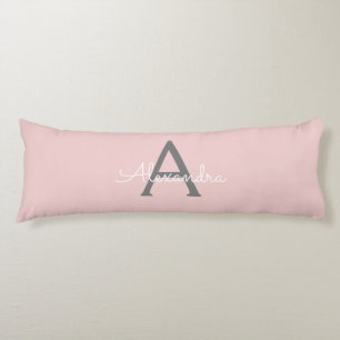 Blush Pink Grey Modern Script Girly Monogram Name Body Pillow