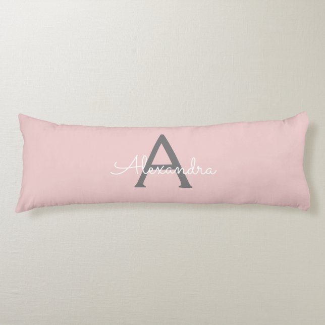 Blush Pink Grey Modern Script Girly Monogram Name Body Pillow (Front)