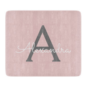 Blush Pink Grey Modern Script Girly Monogram Name Cutting Board