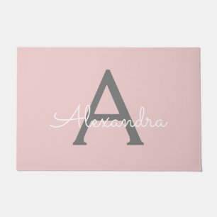 Blush Pink Grey Modern Script Girly Monogram Name Doormat
