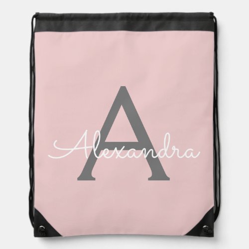 Blush Pink Grey Modern Script Girly Monogram Name Drawstring Bag