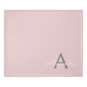 Blush Pink Grey Modern Script Girly Monogram Name Duvet Cover
