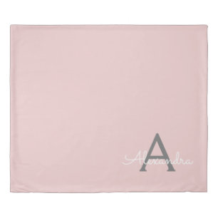 Blush Pink Grey Modern Script Girly Monogram Name Duvet Cover