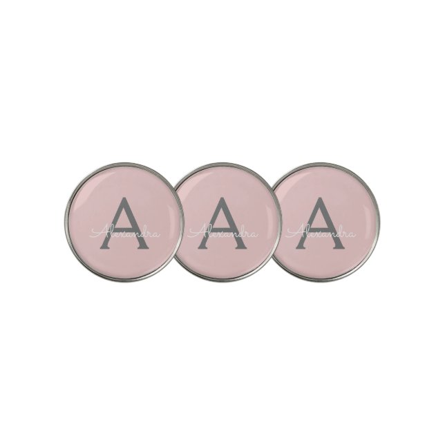 Blush Pink Grey Modern Script Girly Monogram Name Golf Ball Marker (3 Up)