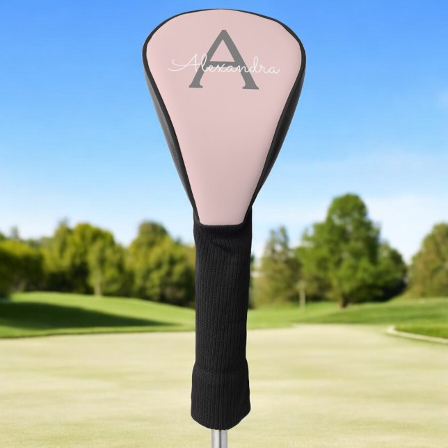 Blush Pink Grey Modern Script Girly Monogram Name Golf Head Cover (Creator Uploaded)