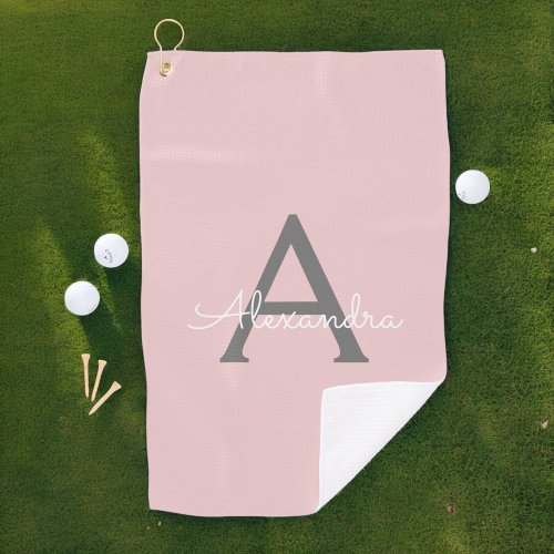 Blush Pink Grey Modern Script Girly Monogram Name Golf Towel