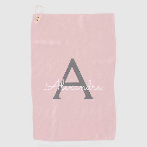 Blush Pink Grey Modern Script Girly Monogram Name Golf Towel