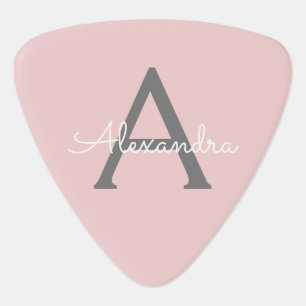 Blush Pink Grey Modern Script Girly Monogram Name Guitar Pick
