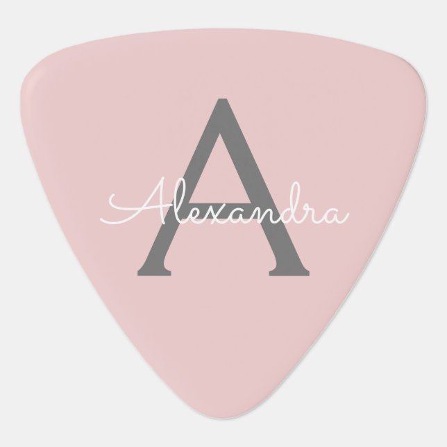 Blush Pink Grey Modern Script Girly Monogram Name Guitar Pick (Front)