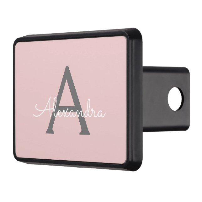 Blush Pink Grey Modern Script Girly Monogram Name Hitch Cover (Left)