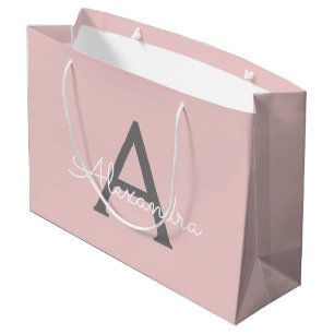 Blush Pink Grey Modern Script Girly Monogram Name Large Gift Bag