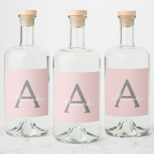 Blush Pink Grey Modern Script Girly Monogram Name Liquor Bottle Label
