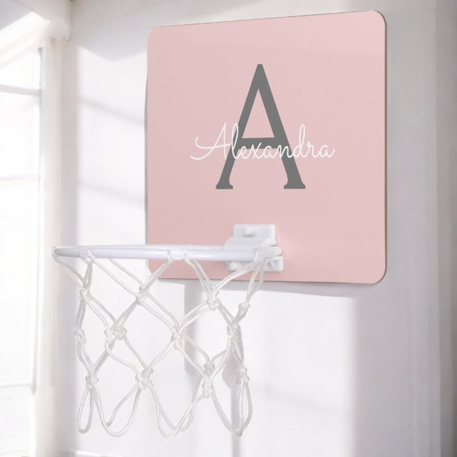 Blush Pink Grey Modern Script Girly Monogram Name Mini Basketball Hoop (Creator Uploaded)