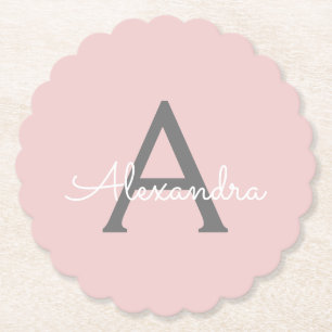 Blush Pink Grey Modern Script Girly Monogram Name Paper Coaster