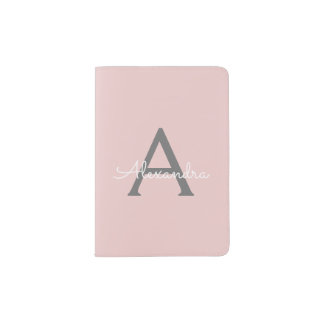 Blush Pink Grey Modern Script Girly Monogram Name Passport Holder