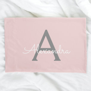Blush Pink Grey Modern Script Girly Monogram Name Pillow Case