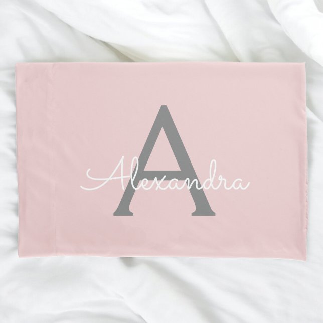 Blush Pink Grey Modern Script Girly Monogram Name Pillow Case (Creator Uploaded)