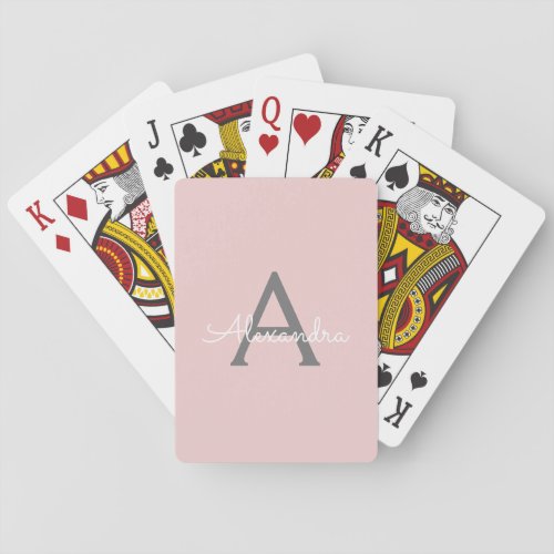 Blush Pink Grey Modern Script Girly Monogram Name Poker Cards