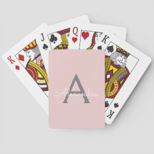 Blush Pink Grey Modern Script Girly Monogram Name Poker Cards