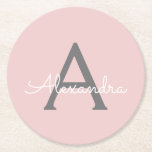Blush Pink Grey Modern Script Girly Monogram Name Round Paper Coaster<br><div class="desc">Blush Pink and Grey Simple Script Monogram Name Paper Coasters. This makes the perfect graduation,  birthday,  wedding,  bridal shower,  anniversary,  baby shower or bachelorette party gift for someone that loves glam luxury and chic styles.</div>