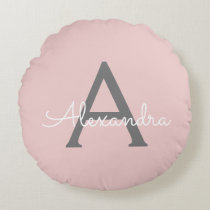 Blush Pink Grey Modern Script Girly Monogram Name Round Pillow