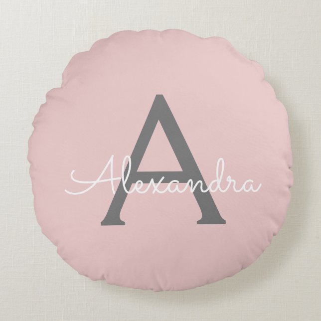 Blush Pink Grey Modern Script Girly Monogram Name Round Pillow (Front)