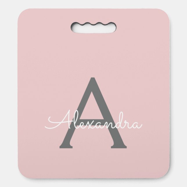 Blush Pink Grey Modern Script Girly Monogram Name Seat Cushion (Front Vertical)