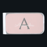 Blush Pink Grey Modern Script Girly Monogram Name Silver Finish Money Clip<br><div class="desc">Blush Pink and Grey Simple Script Monogram Name Money Clip. This makes the perfect graduation,  sweet 16 birthday,  wedding,  bridal shower,  anniversary,  baby shower or bachelorette party gift for someone that loves glam luxury and chic styles.</div>