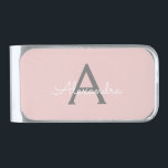Blush Pink Grey Modern Script Girly Monogram Name Silver Finish Money Clip<br><div class="desc">Blush Pink and Grey Simple Script Monogram Name Money Clip. This makes the perfect graduation,  sweet 16 birthday,  wedding,  bridal shower,  anniversary,  baby shower or bachelorette party gift for someone that loves glam luxury and chic styles.</div>