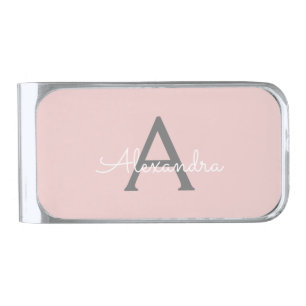 Blush Pink Grey Modern Script Girly Monogram Name Silver Finish Money Clip