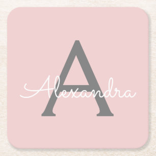 Blush Pink Grey Modern Script Girly Monogram Name Square Paper Coaster