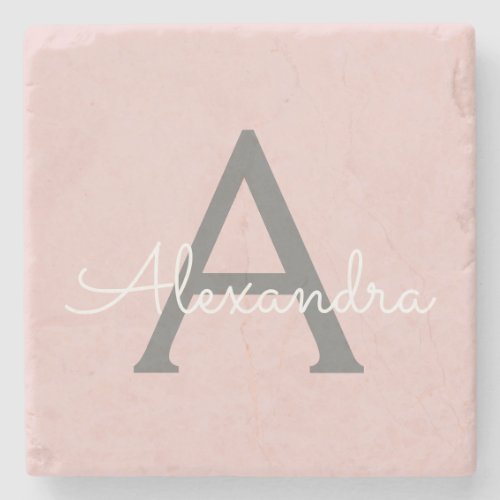 Blush Pink Grey Modern Script Girly Monogram Name Stone Coaster