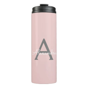 Blush Pink Grey Modern Script Girly Monogram Name Thermal Tumbler