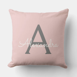 Blush Pink Grey Modern Script Girly Monogram Name Throw Pillow