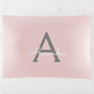Blush Pink Grey Modern Script Girly Monogram Name Trinket Tray