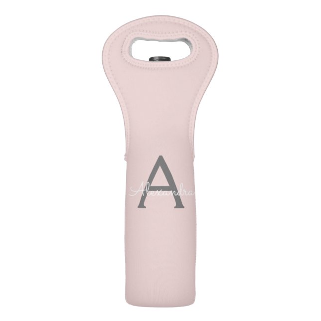 Blush Pink Grey Modern Script Girly Monogram Name Wine Bag (Front)