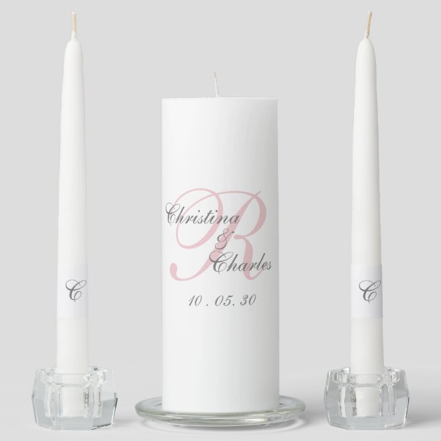 Blush Pink Grey Monogram Wedding Unity Candle Set (Front)