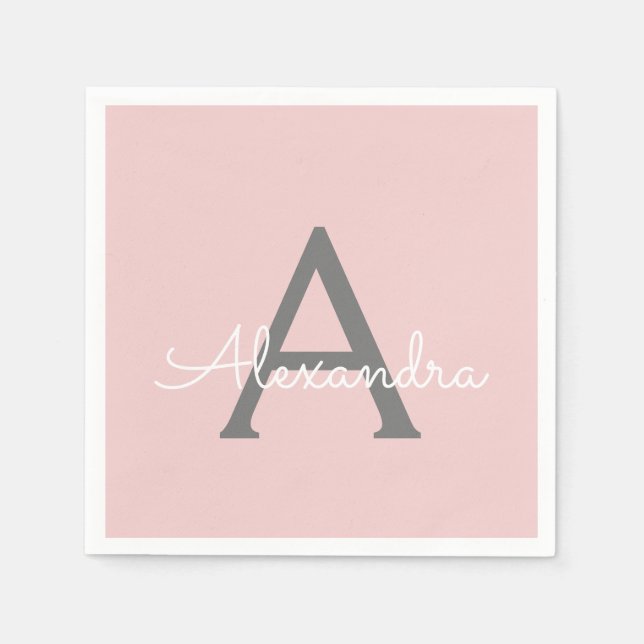 Blush Pink Grey Script Monogram Name Modern Napkins (Front)