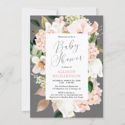 Blush pink grey spring floral girl baby shower invitation