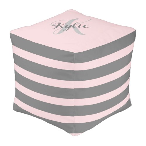 Blush Pink Grey Striped Monogram Girls Bedroom Pouf