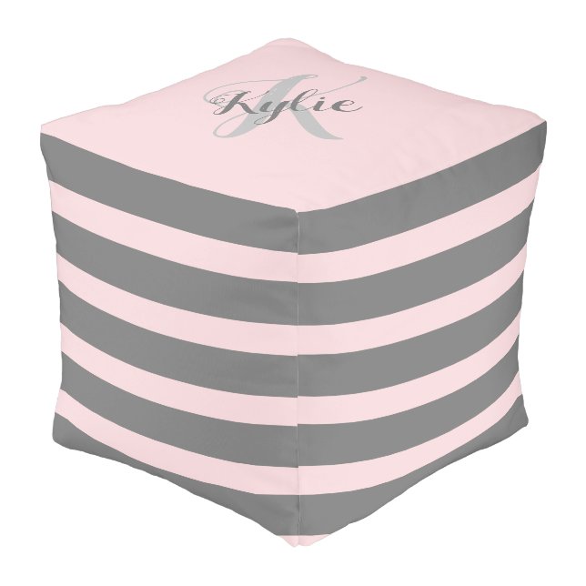 Blush Pink Grey Striped Monogram Girls Bedroom Pouf (Angled Front)