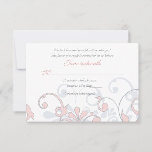 Blush Pink, Grey, White Abstract Floral RSVP Card